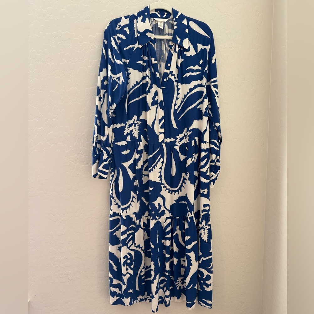 H&M Blue White Abstract Print Tiered Midi Dress Women’s Medium